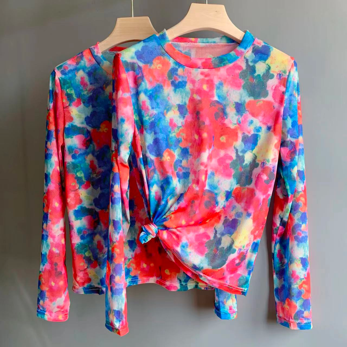 Crewneck Long Sleeves Stretchy Tie Dye Top Tie Dye S M