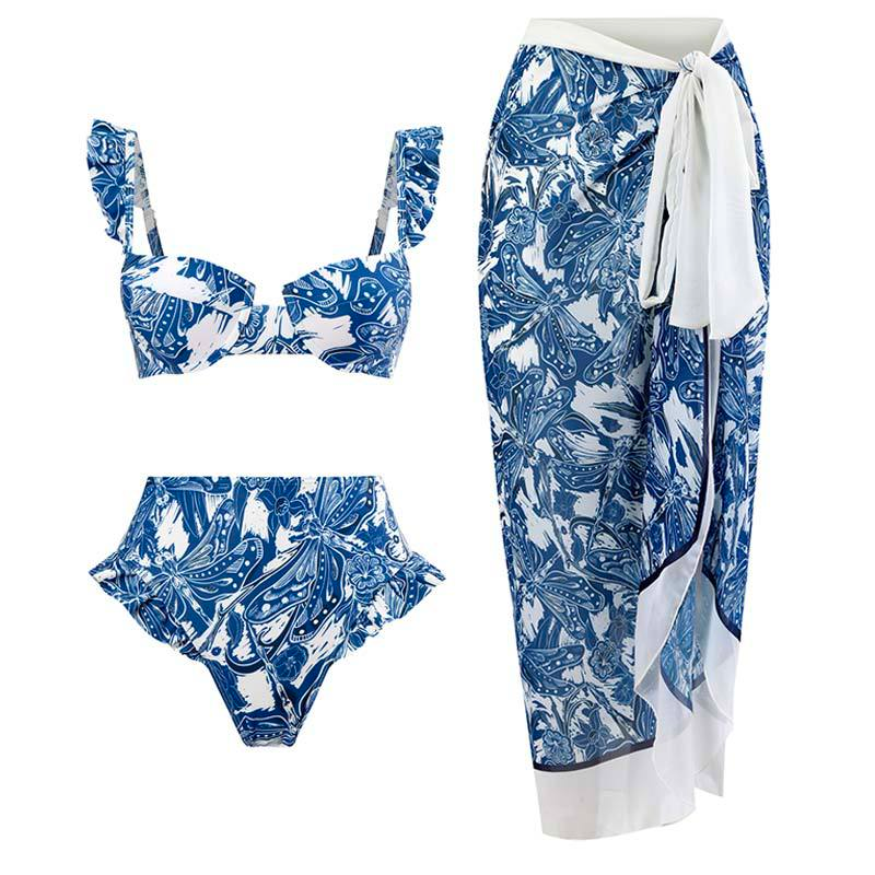 Ruffle Trim Two-Piece Swimwear and Wrap Cover Up Skirt Print Set Blue