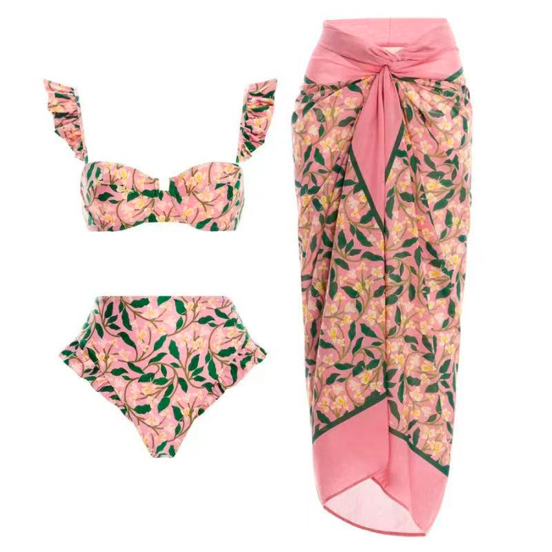 Ruffle Trim Two-Piece Swimwear and Wrap Cover Up Skirt Print Set Pink