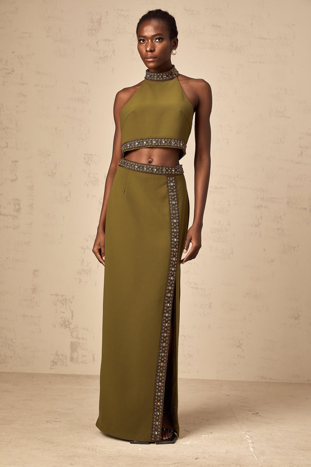 Daisy green beaded-trim top & skirt matching set