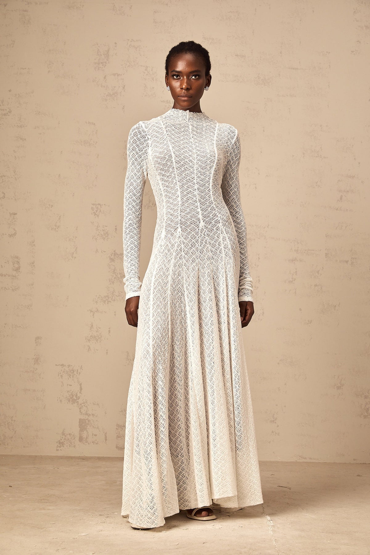 Athena wavy-pattern lace maxi dress in White