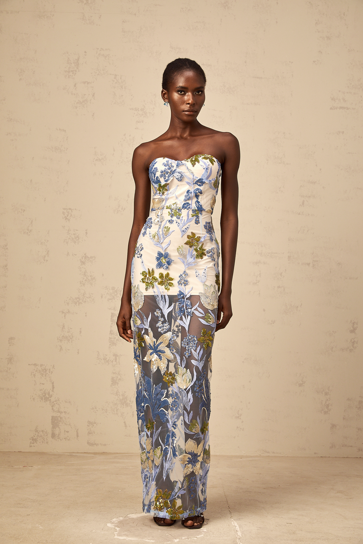 Patricia blue sequined flower-embroidered corset tulle maxi dress