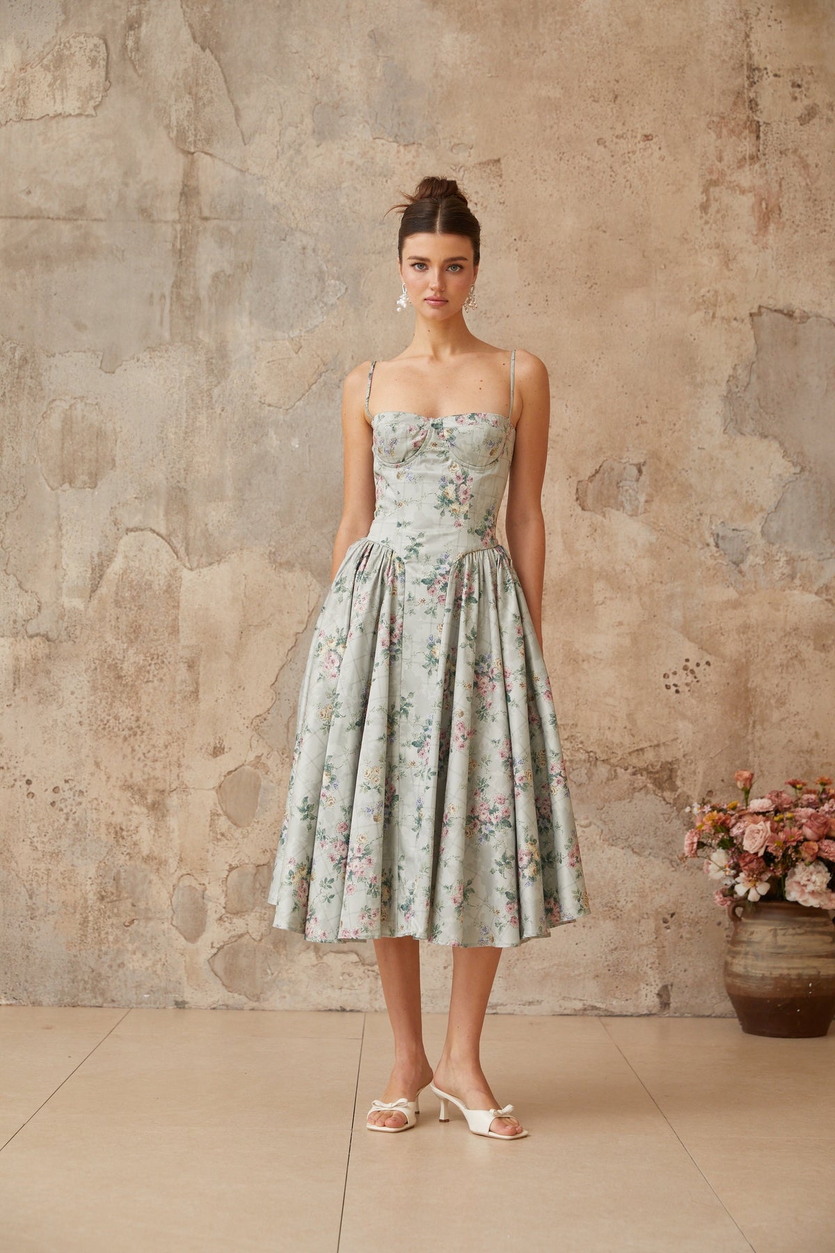 Prunelle sage-green floral-print shirred midi dress