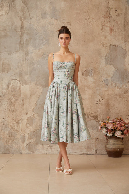 Prunelle sage-green floral-print shirred midi dress