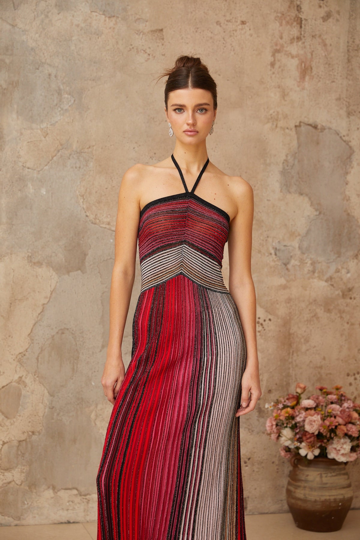 Ulysse Red Metallic Knit Halterneck Maxi Dress