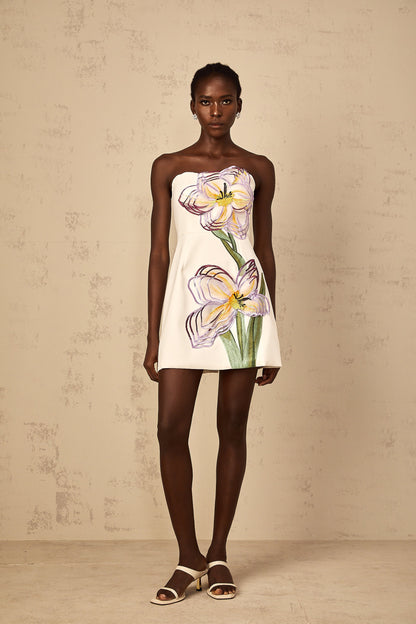 Irène White Off-Shoulder Sequin Floral Embroidered Mini Dress