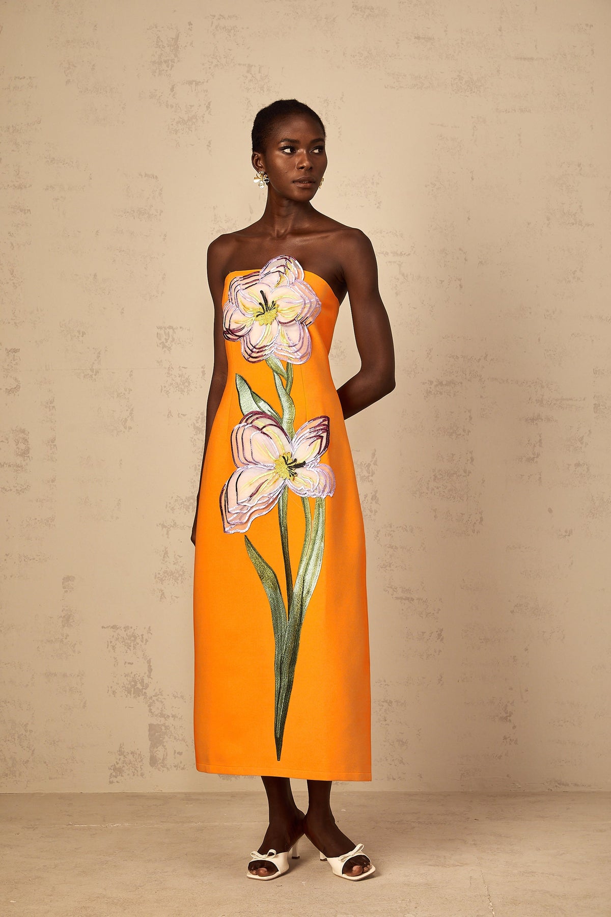 Irène Sequin Embroidered Off-Shoulder Midi Dress in Orange