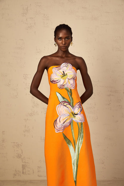 Irène Sequin Embroidered Off-Shoulder Midi Dress in Orange
