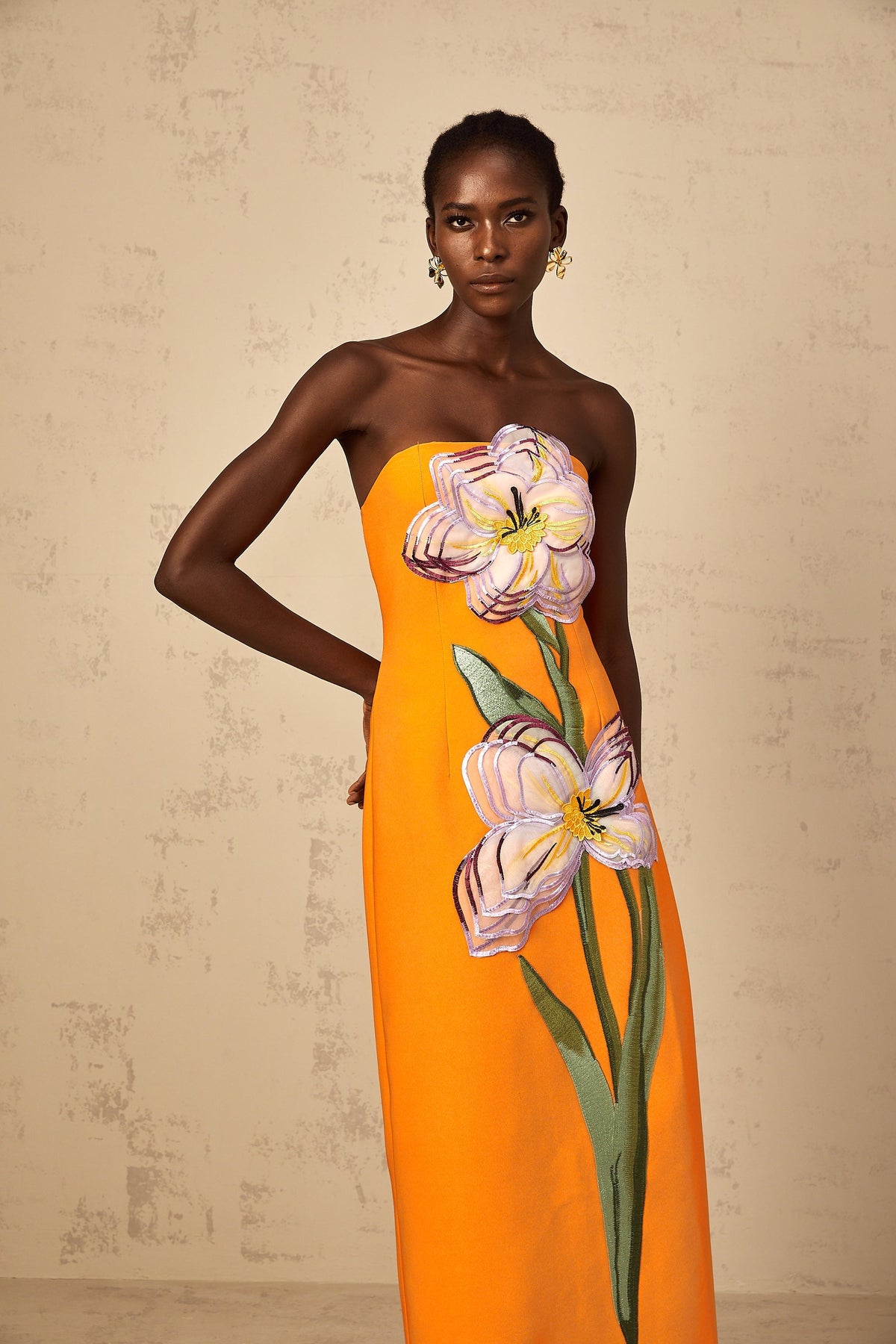 Irène Sequin Embroidered Off-Shoulder Midi Dress in Orange