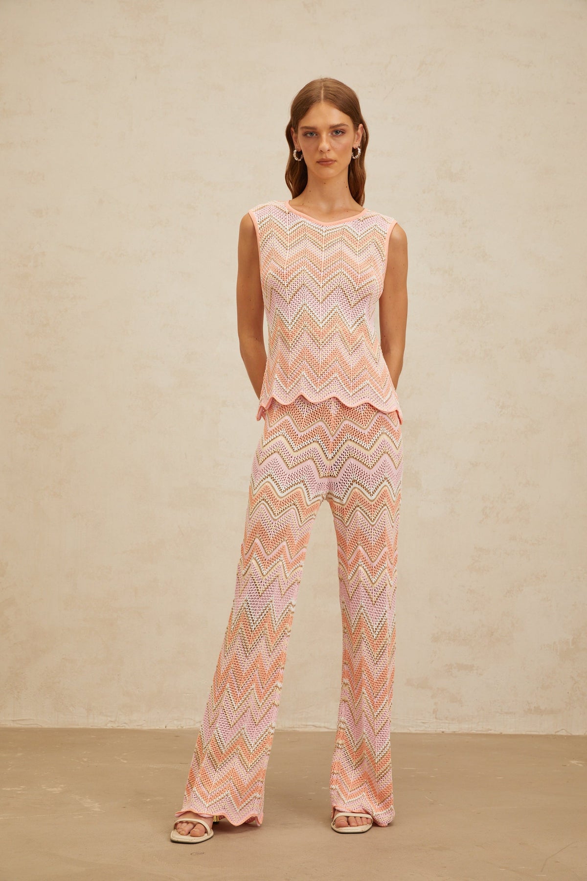 Irina Pink Zigzag Pointelle Knit Matching Set