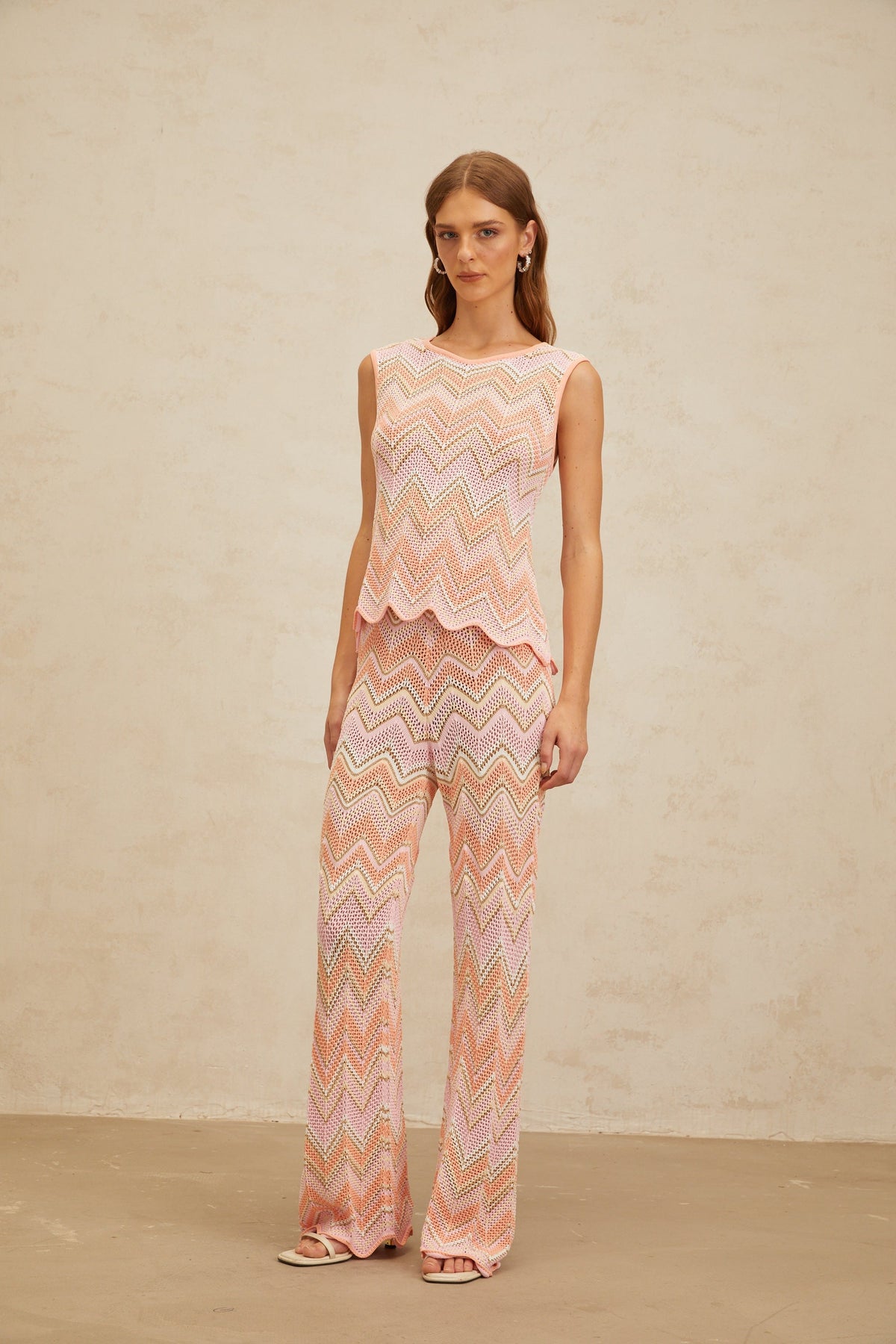 Irina Pink Zigzag Pointelle Knit Matching Set