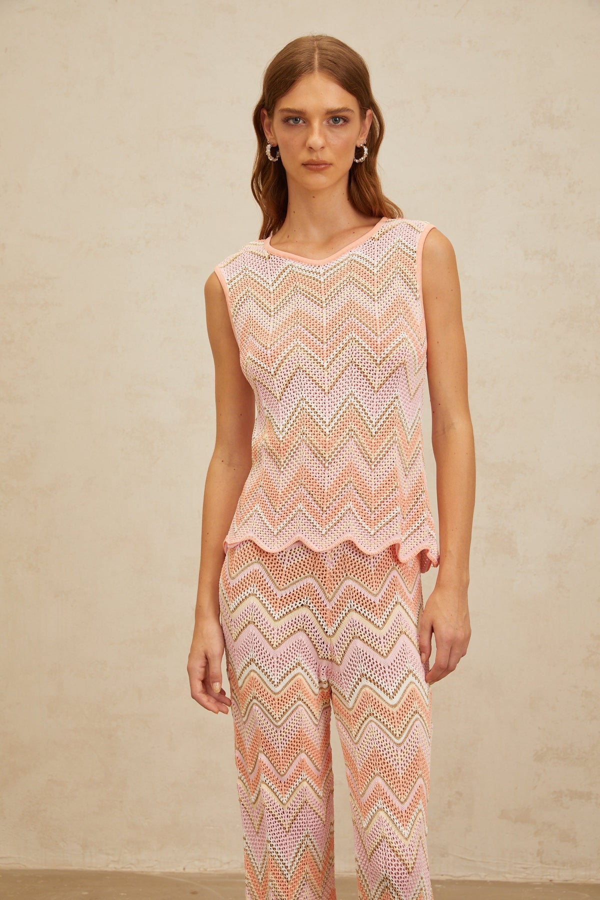 Irina Pink Zigzag Pointelle Knit Matching Set