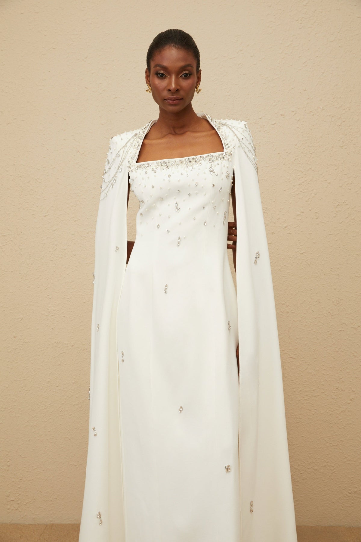 Épuré White Embellished Cape Gown