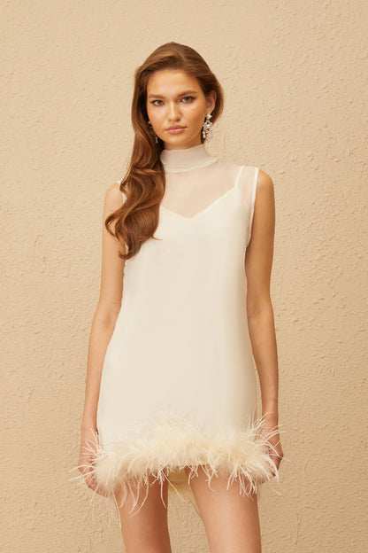 Adrienne White Feather Trim Mini Dress