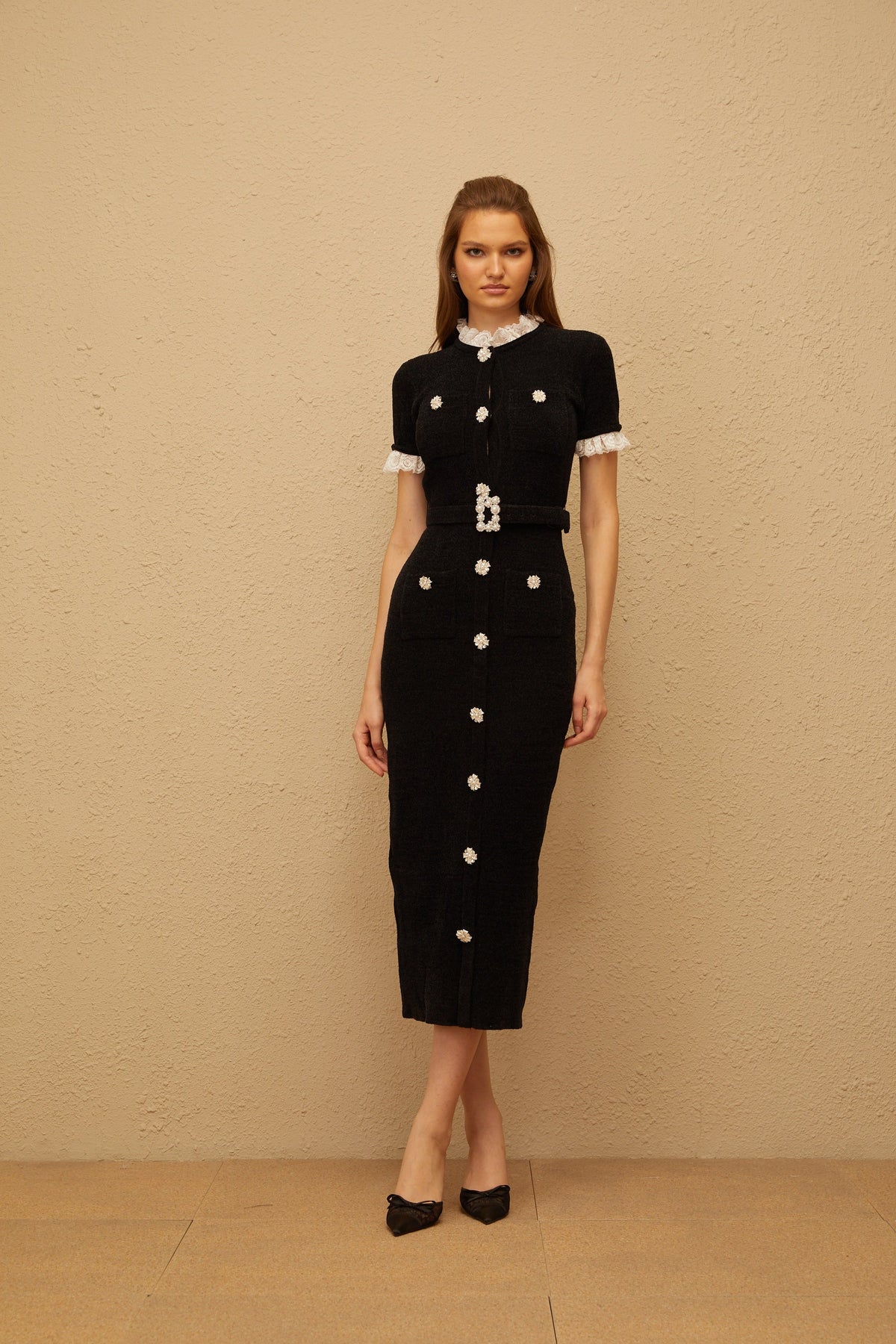 Mathilde Black Embellished Furry Knit Midi Dress