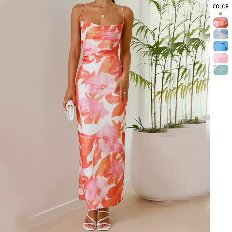 Chicest Off Shoulder Back Slit Ruched Mesh Overlay Print Maxi Dress Orange