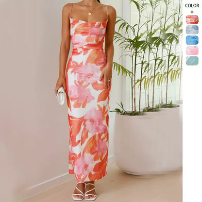 Chicest Off Shoulder Back Slit Ruched Mesh Overlay Print Maxi Dress Orange