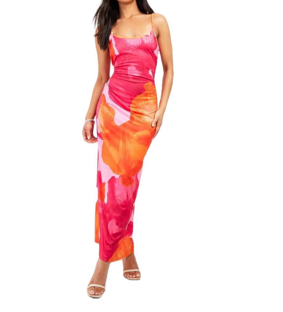 Open Back Cut Out Floral Print Maxi Cami Dress