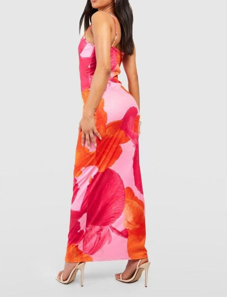 Open Back Cut Out Floral Print Maxi Cami Dress