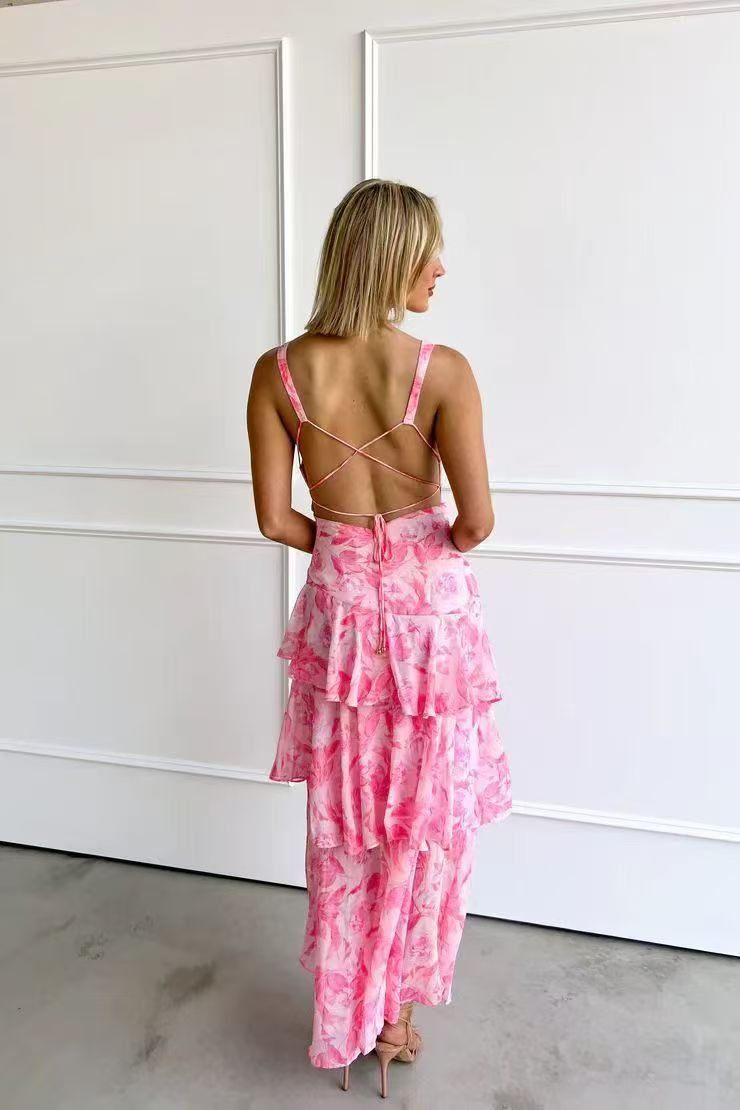 V Neck Backless Ruffle Trim Slit Printed Maxi Cami Dress