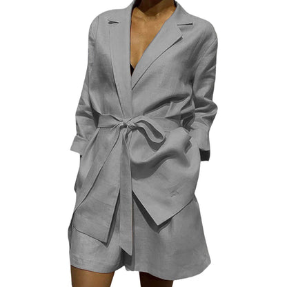 V Neck Long Sleeve Wrapped Top and Wide Leg Shorts Solid Set grey