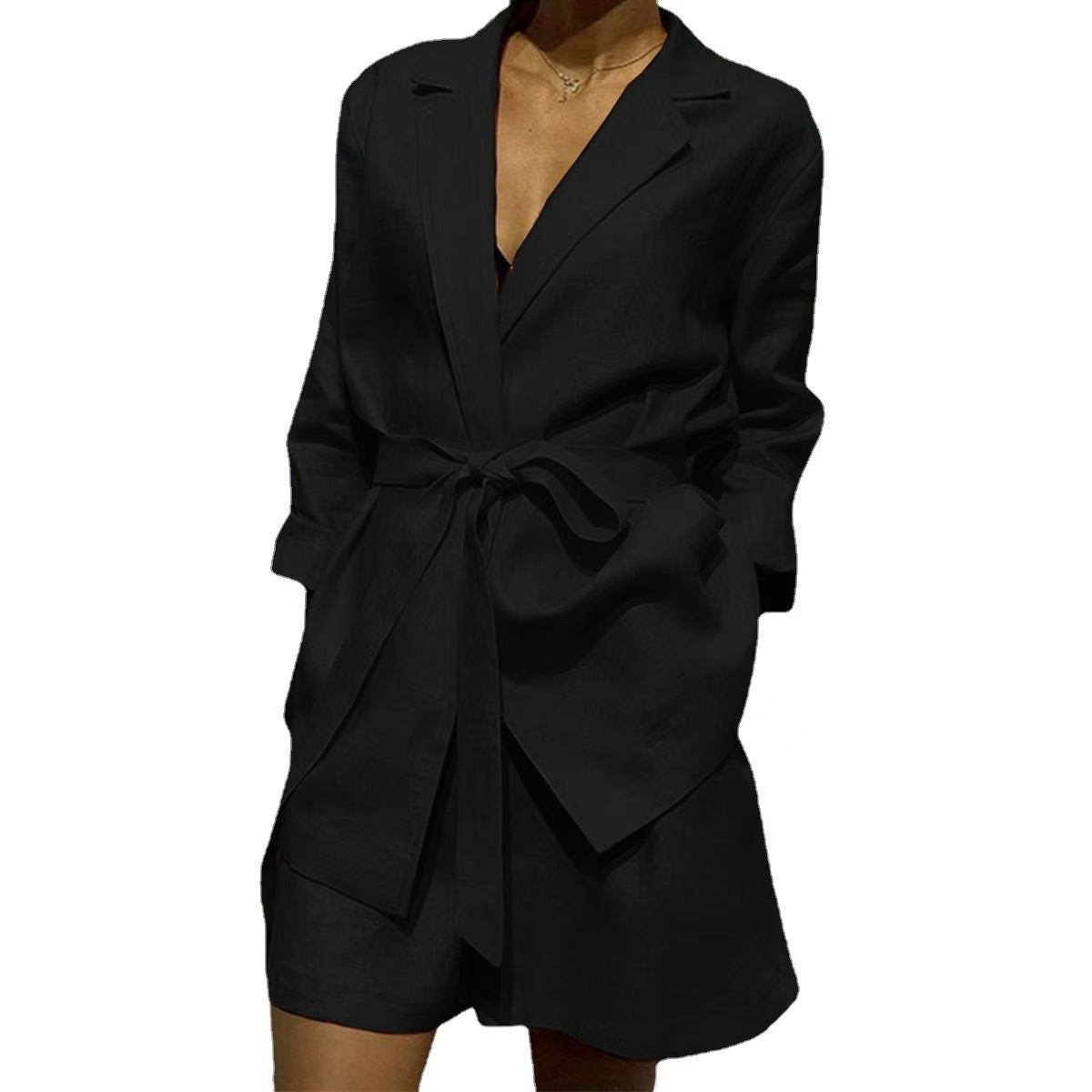 V Neck Long Sleeve Wrapped Top and Wide Leg Shorts Solid Set black