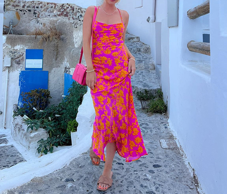 One Shoulder Ruched Cut Out High Slit Printed Maxi Dress