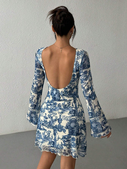 Bell Sleeves Waisted Landscape Printed Maxi Ruffle Dress