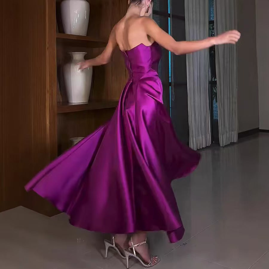 Strapless Lace-up High Slit Satin Maxi Party Dress