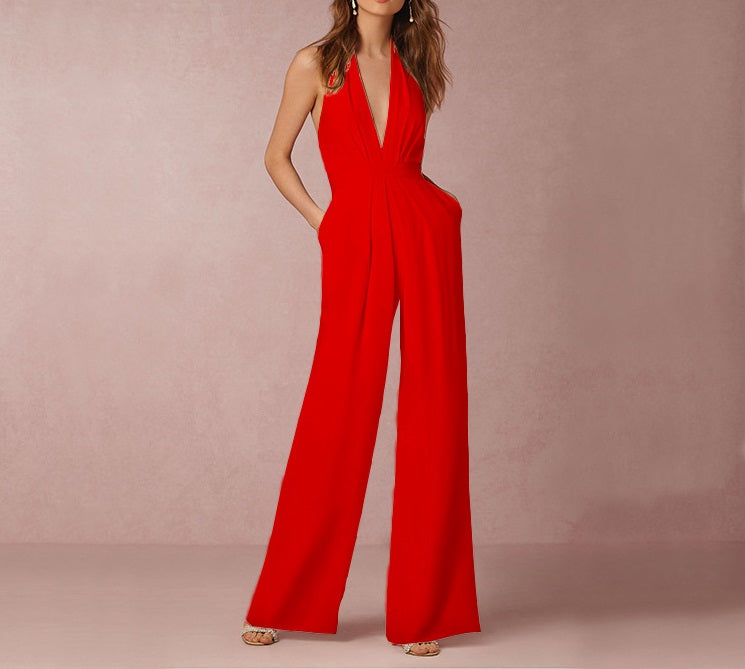 7 Colors Sleeveless Halter Waisted Wide Leg Jumpsuit Red
