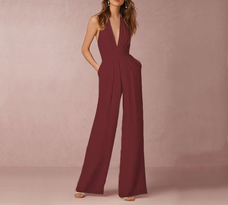 7 Colors Sleeveless Halter Waisted Wide Leg Jumpsuit Berry