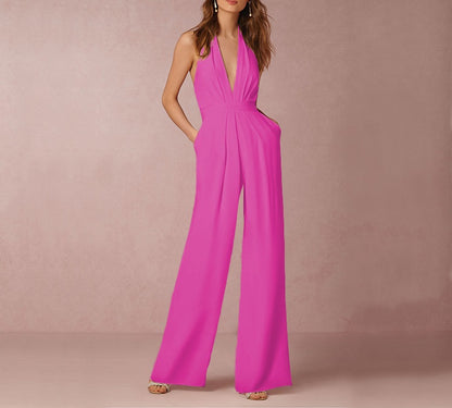 7 Colors Sleeveless Halter Waisted Wide Leg Jumpsuit Fuchsia
