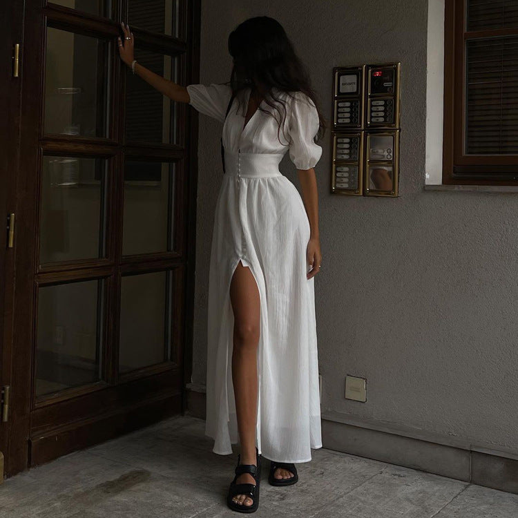 Casual Solid Buckle V Neck A Line Dresses