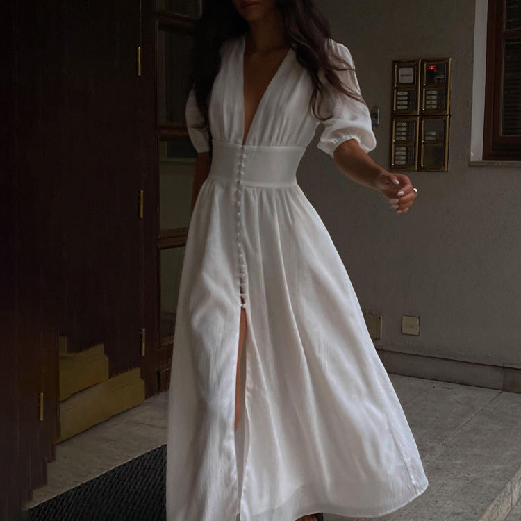 Casual Solid Buckle V Neck A Line Dresses