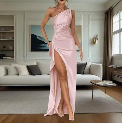 One Shoulder Cut Out Draped Front Maxi Party Dress