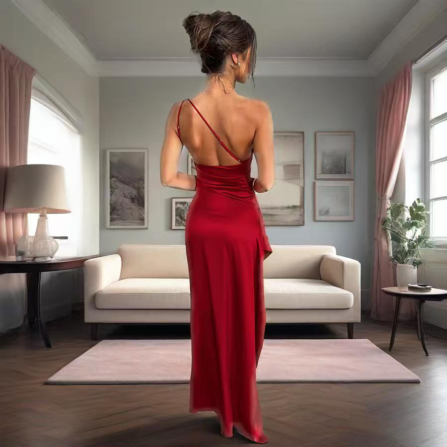 One Shoulder Cut Out Draped Front Maxi Party Dress Red