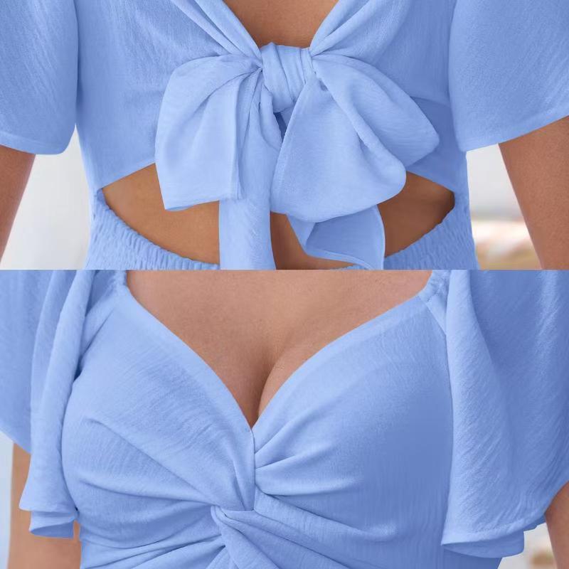 V Neck Twist Front Flare Sleeves Cut Out Mini Dress