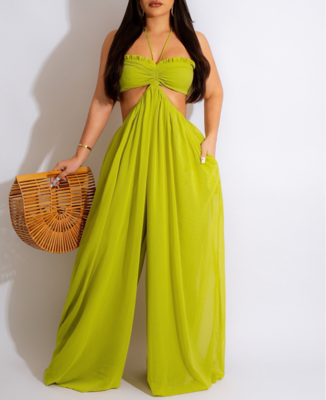 Halter Ruched Ruffle Cut Out Oversized Wide Leg Jumpsuit Green