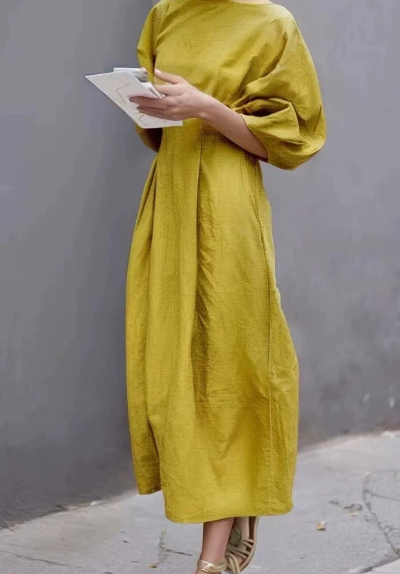 Lantern Sleeve Ruched Midi Cotton Linen Dress Yellow