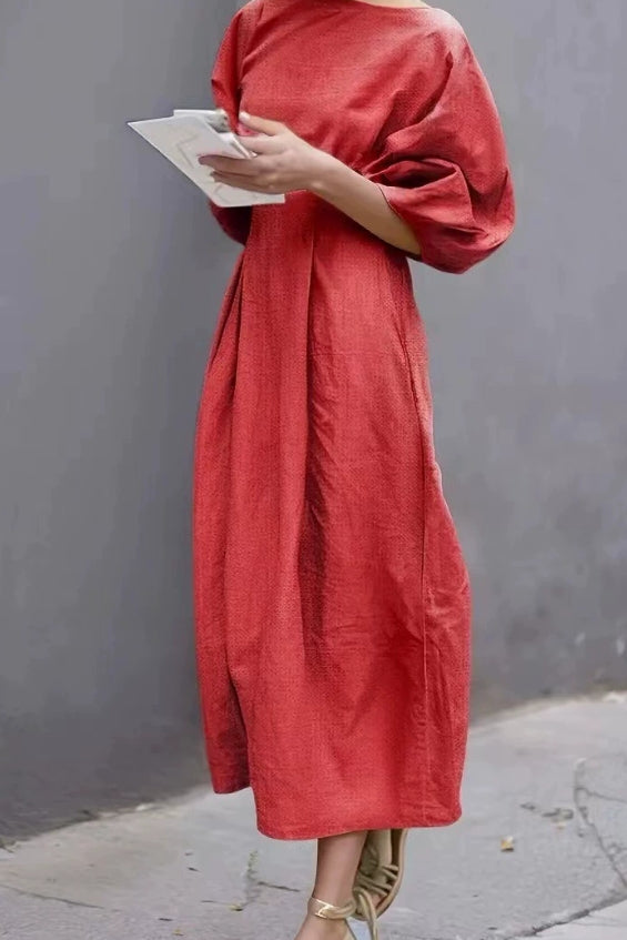 Lantern Sleeve Ruched Midi Cotton Linen Dress Red