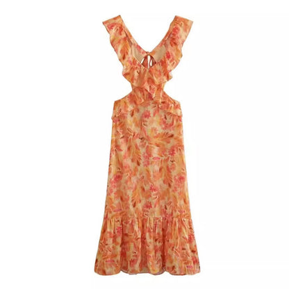 Backless Cut Out Floral Print Ruffle Slit Maxi Cami Dress
