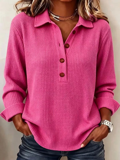 Full Size Waffle Knit Long Sleeve Polo Top Plus Size