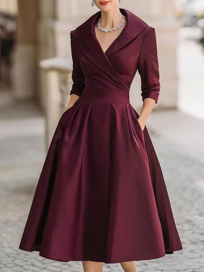 Vintage-Inspired Satin Midi Dress With Draped Collar Wine