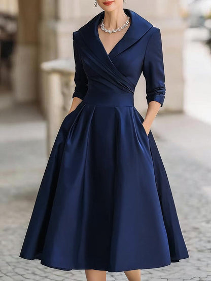 Vintage-Inspired Satin Midi Dress With Draped Collar Navy Blue