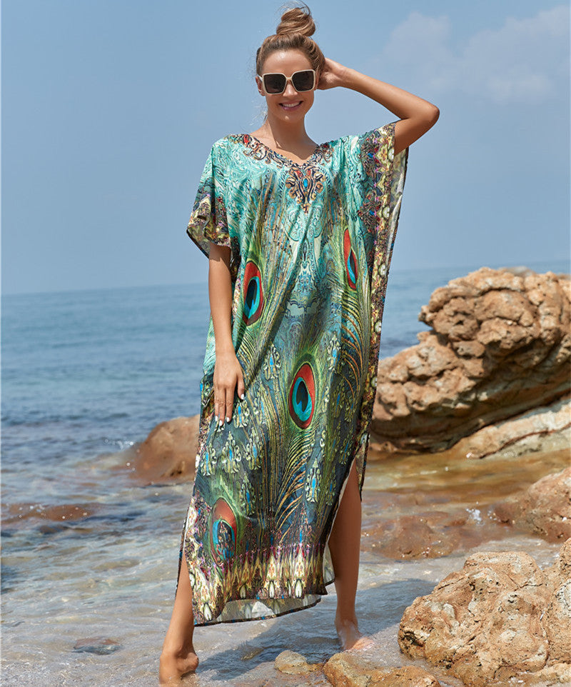 Polyester Feather Print Beach Cover up Sexy Deep V Plunge neck Vacation Sun Protection Shirt Dress Beach Cover Up