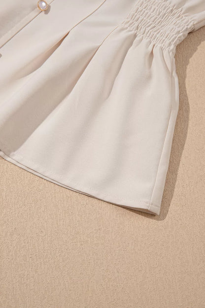 V Neck Long Sleeve Smocked Waist Elegant Blouse