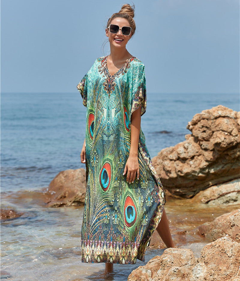 Polyester Feather Print Beach Cover up Sexy Deep V Plunge neck Vacation Sun Protection Shirt Dress Beach Cover Up