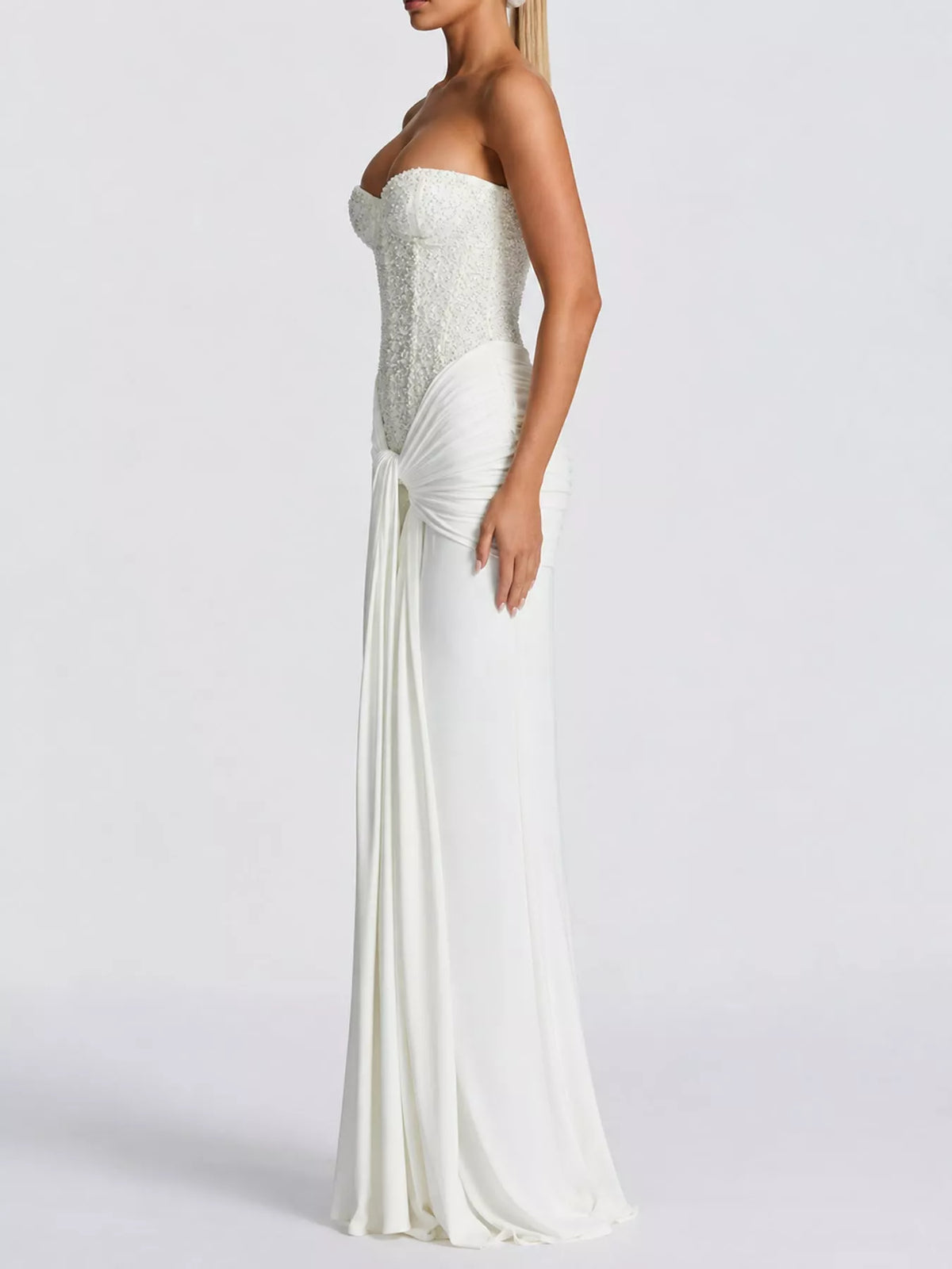 Elegant Strapless Sequin Corset Maxi Dress with Draped Waist Detail
