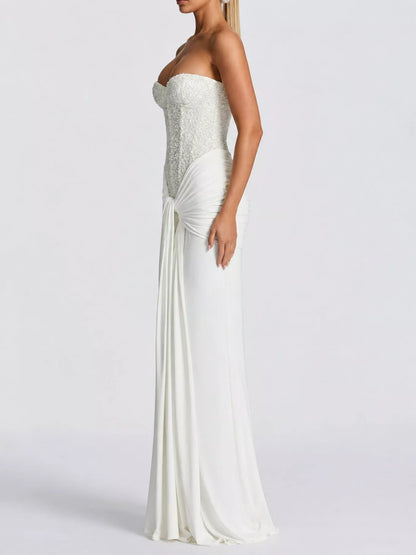 Elegant Strapless Sequin Corset Maxi Dress with Draped Waist Detail