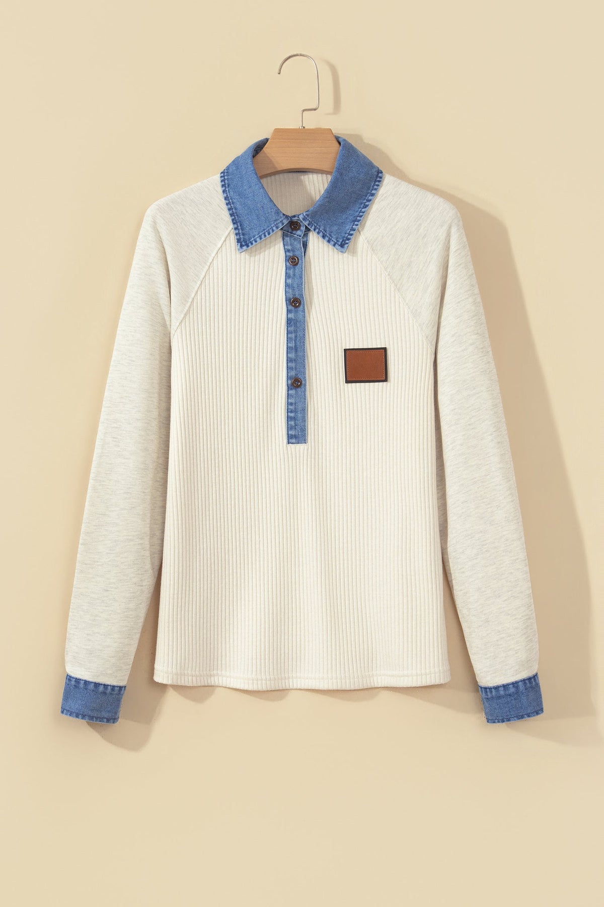 Light Grey Ribbed Denim Colorblock Detail Button Collar Long Sleeve Top